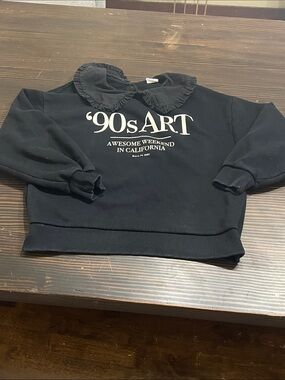 Zara Black Sweatshirt with White '90s ART Graphic and Ruffled Collar
